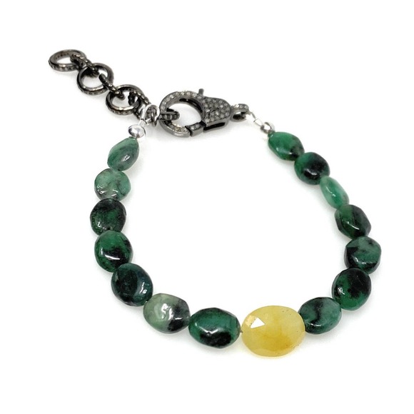 Pave Diamond Natural Emerald and Yellow Sapphire Adjustable Bracelet - Picture 2 of 10